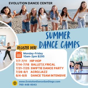 Summer Dance Camps with young girls on a beach flyer.