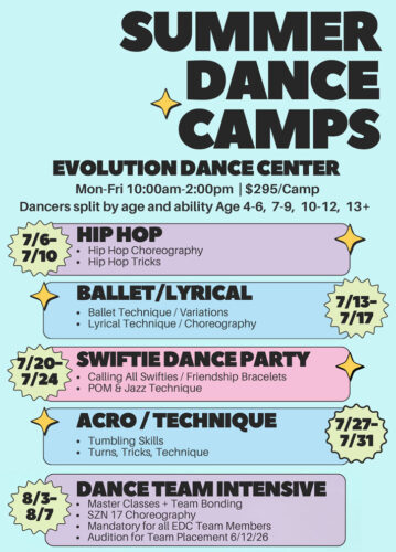 Summer dance camp by age flyer.