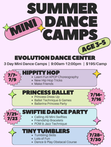 Summer dance camps flyers for ages 3-5 at Evolution Dance Carlsbad.